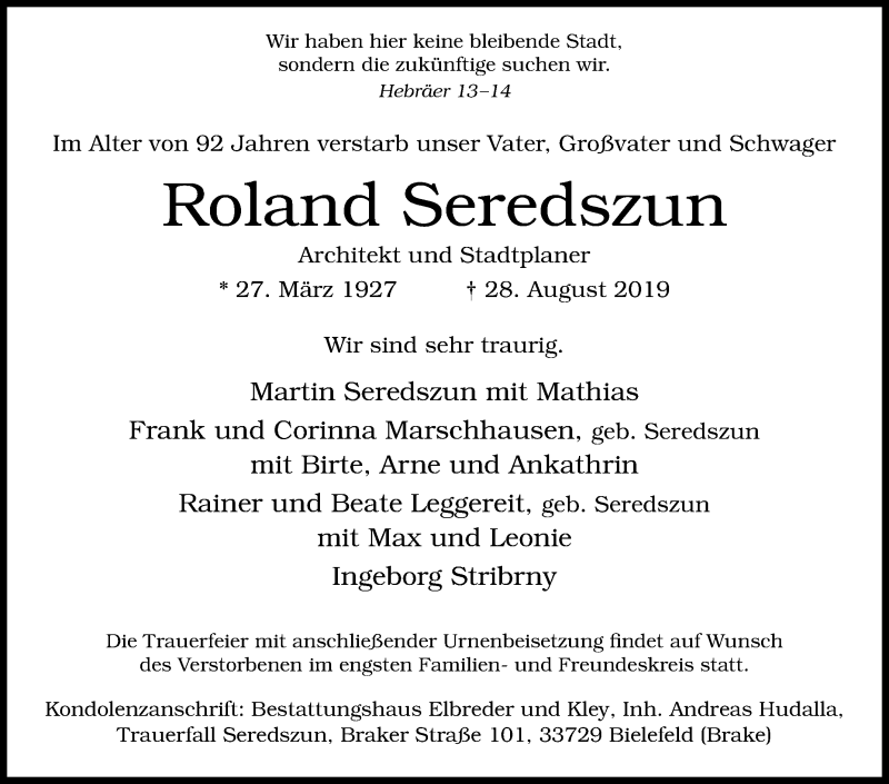  Traueranzeige für Roland Seredszun vom 31.08.2019 aus Westfalen-Blatt