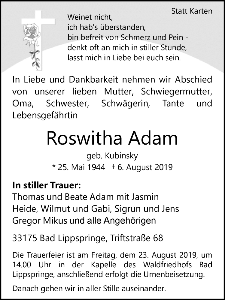  Traueranzeige für Roswitha Adam vom 09.08.2019 aus Westfalen-Blatt