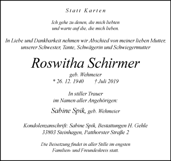Traueranzeige von Roswitha Schirmer von Westfalen-Blatt