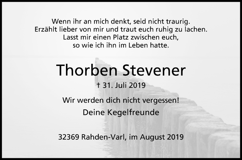  Traueranzeige für Thorben Stevener vom 05.08.2019 aus Westfalen-Blatt