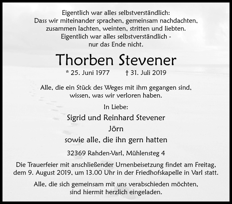  Traueranzeige für Thorben Stevener vom 02.08.2019 aus Westfalen-Blatt