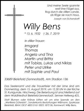 Traueranzeige von Willy Bens von Westfalen-Blatt