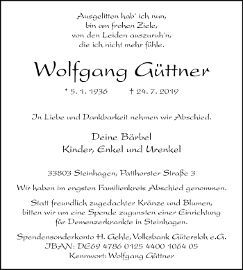 Traueranzeige von Wolfgang Güttner von Westfalen-Blatt