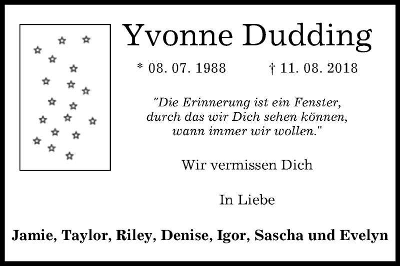  Traueranzeige für Yvonne Dudding vom 10.08.2019 aus Westfalen-Blatt