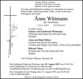 Traueranzeige von Änne Wittmann von Westfalen-Blatt