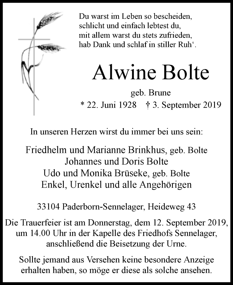  Traueranzeige für Alwine Bolte vom 07.09.2019 aus Westfalen-Blatt