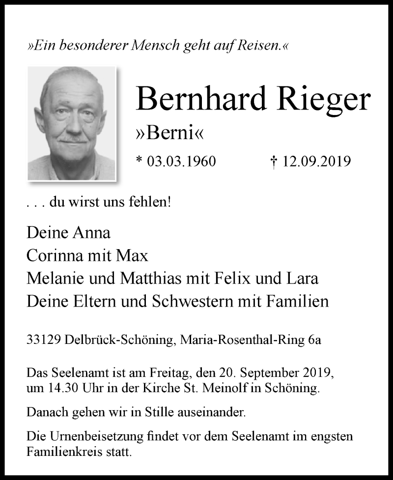  Traueranzeige für Bernhard Rieger vom 16.09.2019 aus Westfalen-Blatt