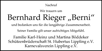 Traueranzeige von Bernhard Rieger von Westfalen-Blatt