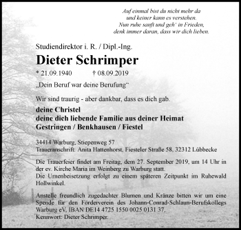 Traueranzeige von Dieter Schrimper von Westfalen-Blatt