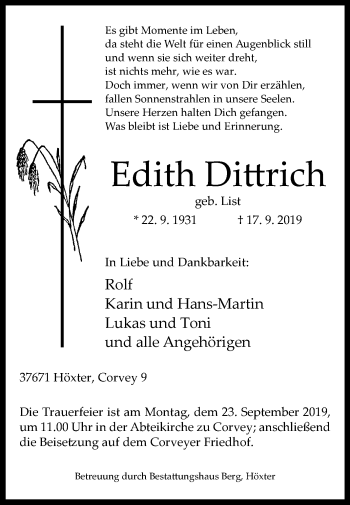Traueranzeige von Edith Dittrich von Westfalen-Blatt