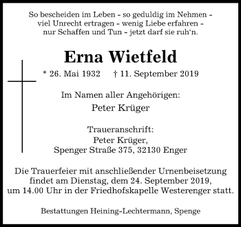 Traueranzeige von Erna Wietfeld von Westfalen-Blatt