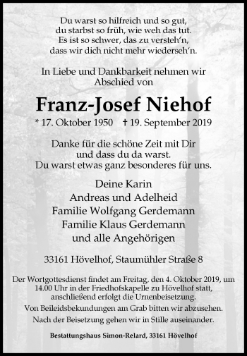 Traueranzeige von Franz-Josef Niehof von Westfalen-Blatt