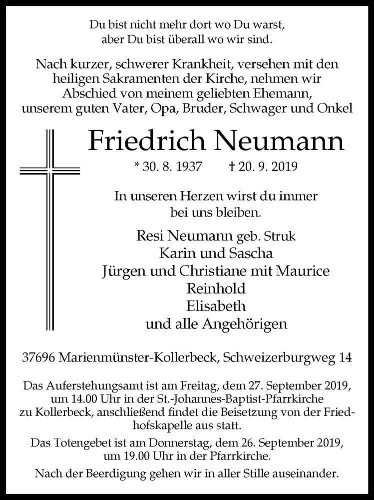  Traueranzeige für Friedrich Neumann vom 24.09.2019 aus Westfalen-Blatt
