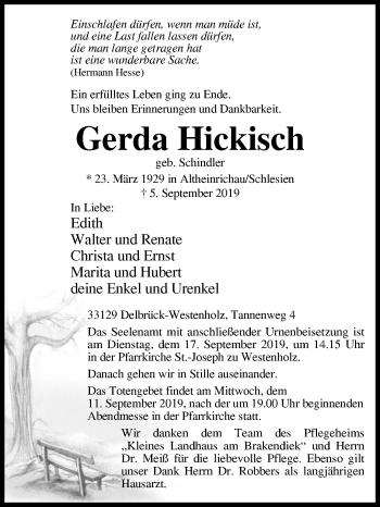 Traueranzeige von Gerda Hickisch von Westfalen-Blatt