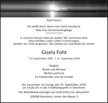 Traueranzeige von Gisela Foht von Westfalen-Blatt