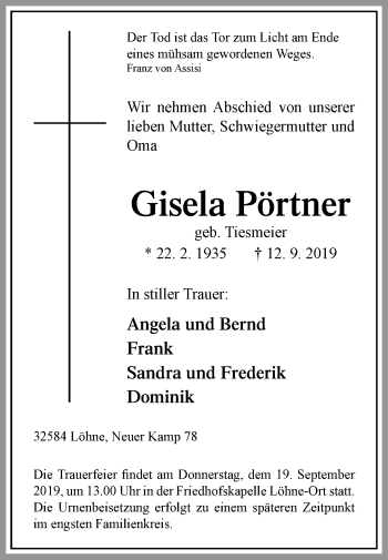Traueranzeige von Gisela Pörtner von Westfalen-Blatt