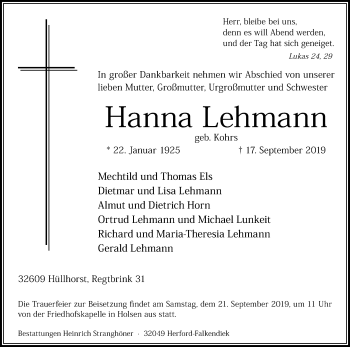 Traueranzeige von Hanna Lehmann von Westfalen-Blatt