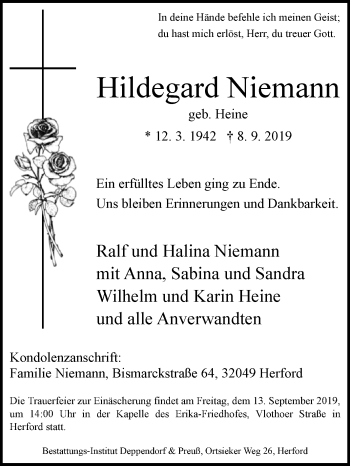 Traueranzeige von Hildegard Niemann von Westfalen-Blatt