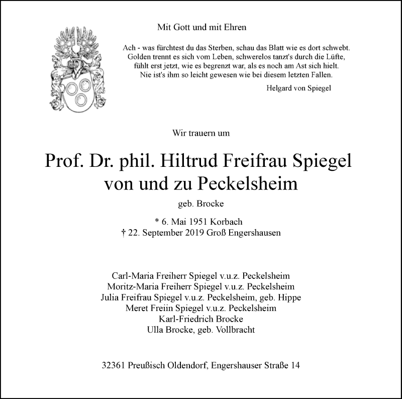  Traueranzeige für Hiltrud Freifrau Spiegel von und zu Peckelsheim vom 28.09.2019 aus Westfalen-Blatt
