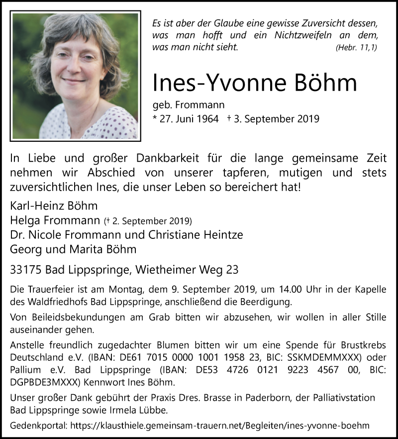  Traueranzeige für Ines-Yvonne Böhm vom 04.09.2019 aus Westfalen-Blatt