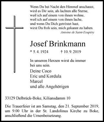 Traueranzeige von Josef Brinkmann von Westfalen-Blatt