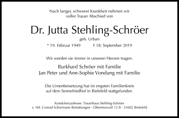 Traueranzeige von Jutta Stehling-Schröer von Westfalen-Blatt
