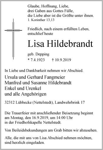 Traueranzeige von Lisa Hildebrandt von Westfalen-Blatt