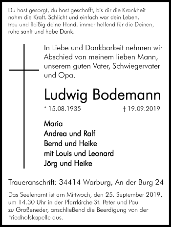 Traueranzeige von Ludwig Bodemann von Westfalen-Blatt