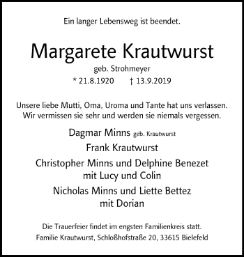 Traueranzeige von Margarete Krautwurst von Westfalen-Blatt