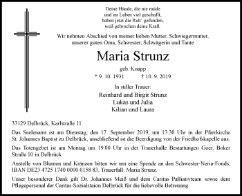 Traueranzeige von Maria Strunz von Westfalen-Blatt
