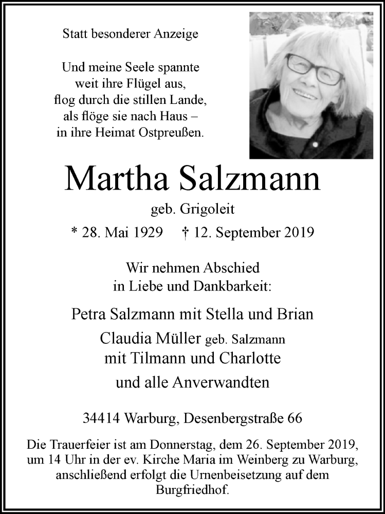  Traueranzeige für Martha Salzmann vom 16.09.2019 aus Westfalen-Blatt
