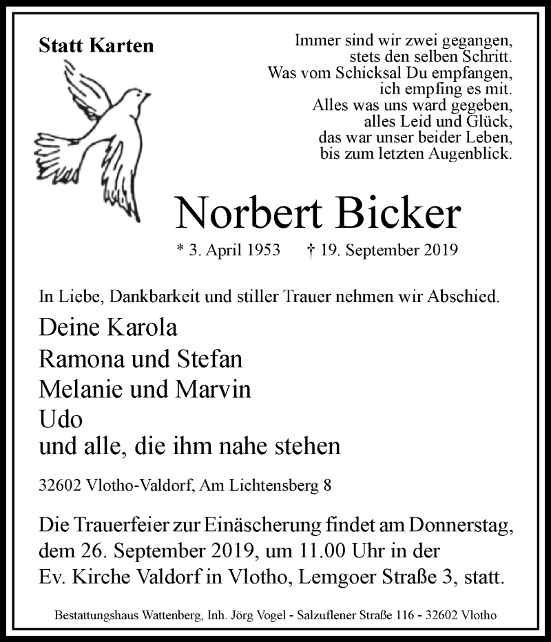  Traueranzeige für Norbert Bicker vom 23.09.2019 aus Westfalen-Blatt