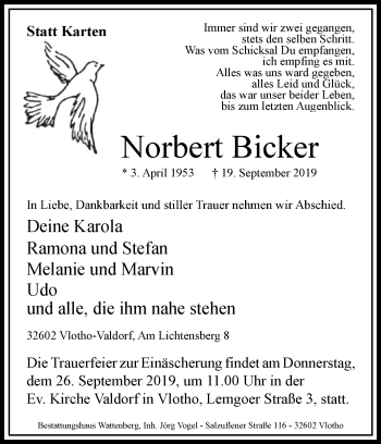 Traueranzeige von Norbert Bicker von Westfalen-Blatt