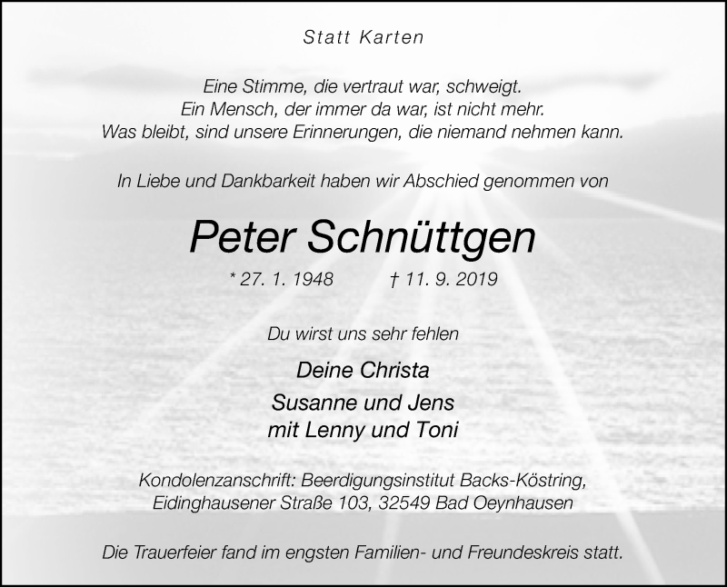  Traueranzeige für Peter Schnüttgen vom 28.09.2019 aus Westfalen-Blatt