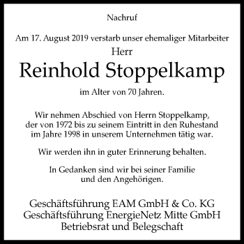 Traueranzeige von Reinhold Stoppelkamp von Westfalen-Blatt