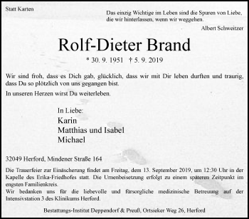 Traueranzeige von Rolf-Dieter Brand von Westfalen-Blatt