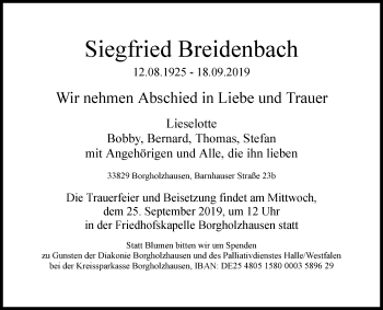 Traueranzeige von Siegfried Breidenbach von Westfalen-Blatt