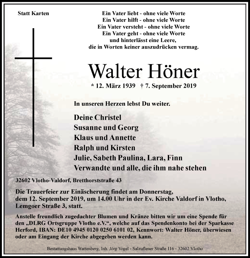  Traueranzeige für Walter Höner vom 10.09.2019 aus Westfalen-Blatt