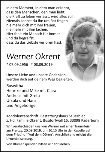 Traueranzeige von Werner Okrent von Westfalen-Blatt