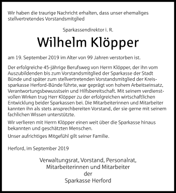 Traueranzeige von Wilhelm Klöpper von Westfalen-Blatt