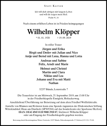 Traueranzeige von Wilhelm Klöpper von Westfalen-Blatt