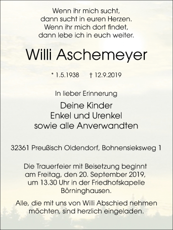 Traueranzeige von Willi Aschemeyer von Westfalen-Blatt