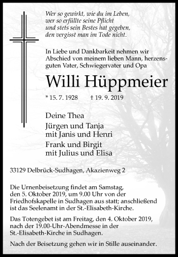 Traueranzeige von Willi Hüppmeier von Westfalen-Blatt