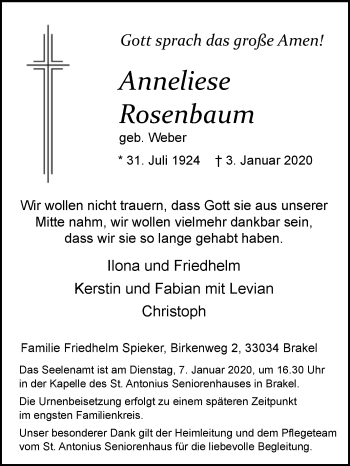 Traueranzeige von Anneliese Rosenbaum von Westfalen-Blatt