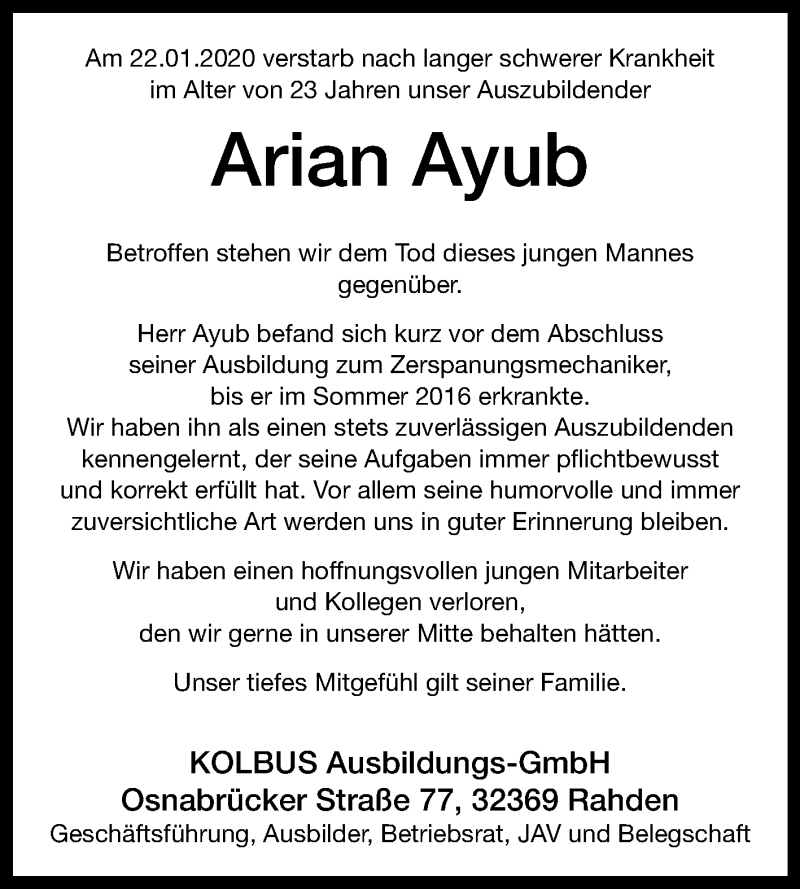  Traueranzeige für Arian Ayub vom 28.01.2020 aus Westfalen-Blatt