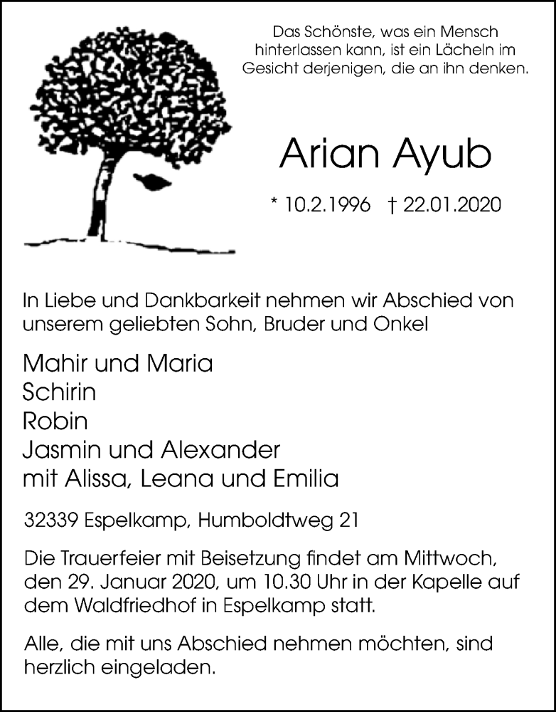  Traueranzeige für Arian Ayub vom 25.01.2020 aus Westfalen-Blatt
