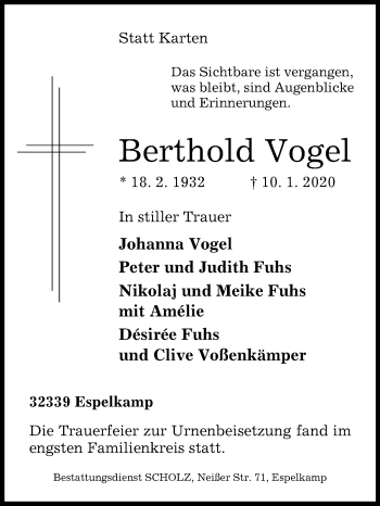 Traueranzeige von Berthold Vogel von Westfalen-Blatt