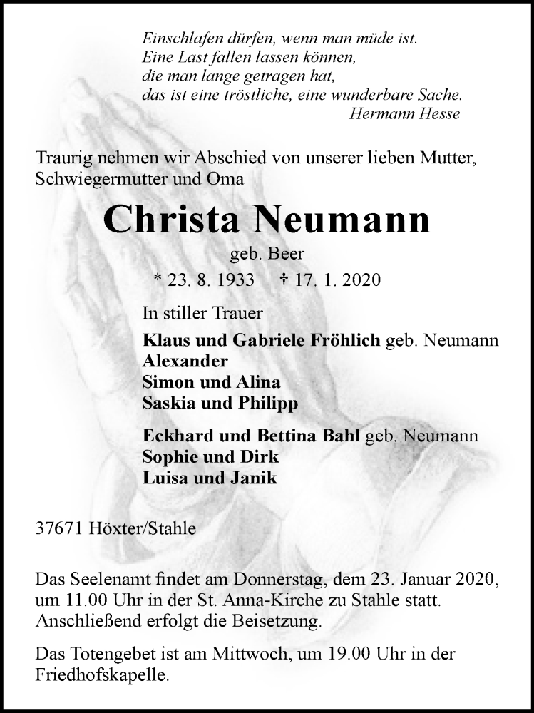  Traueranzeige für Christa Neumann vom 21.01.2020 aus Westfalen-Blatt
