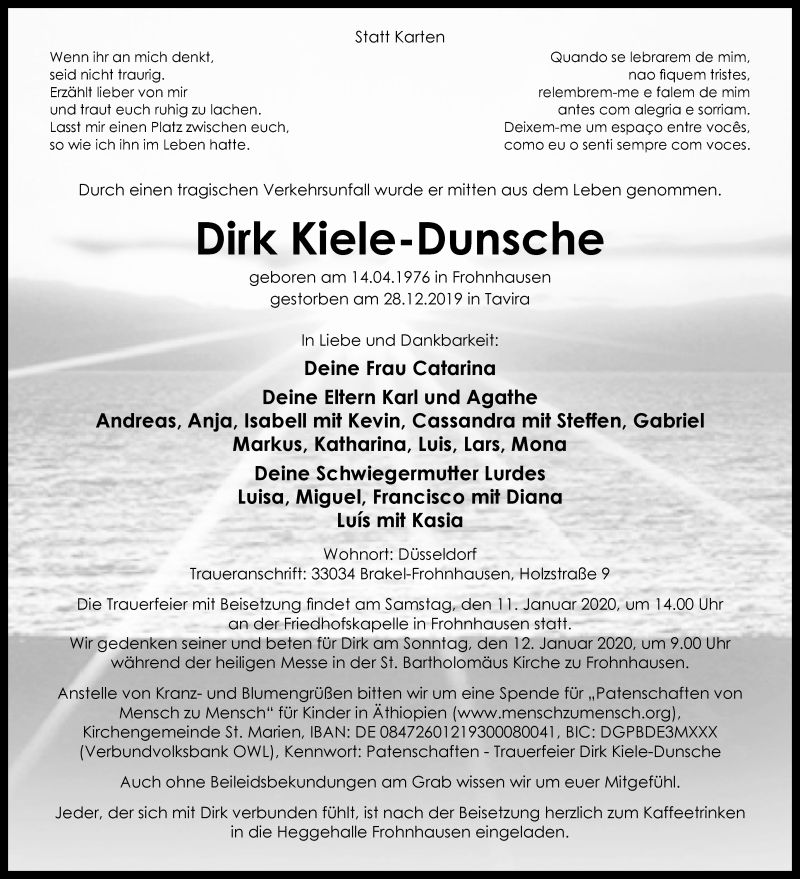  Traueranzeige für Dirk Kiele-Dunsche vom 07.01.2020 aus Westfalen-Blatt