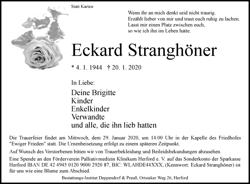  Traueranzeige für Eckard Stranghöner vom 25.01.2020 aus Westfalen-Blatt